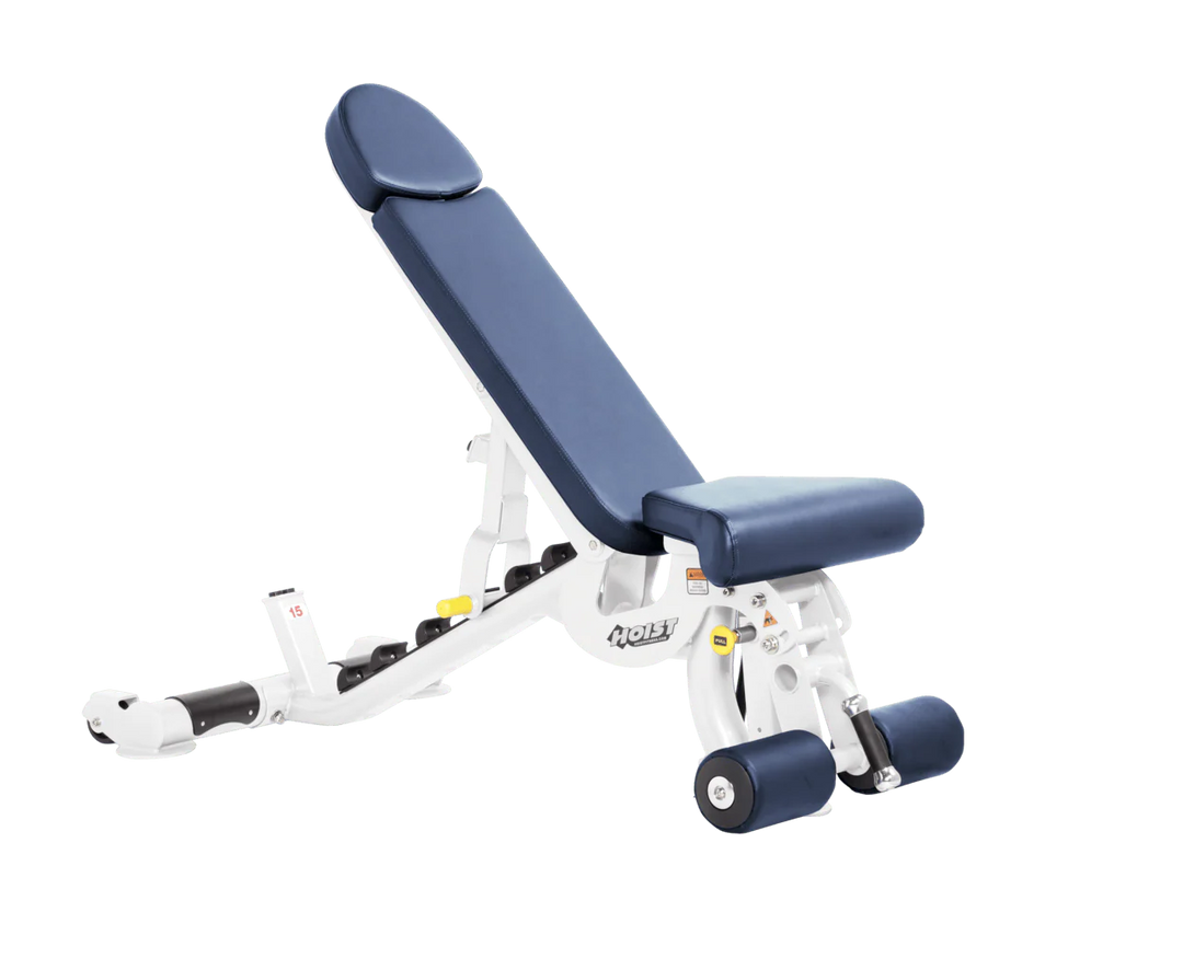 Hoist white royal blue commercial adjustable bench with flat, incline, and decline positions for versatile strength training workouts