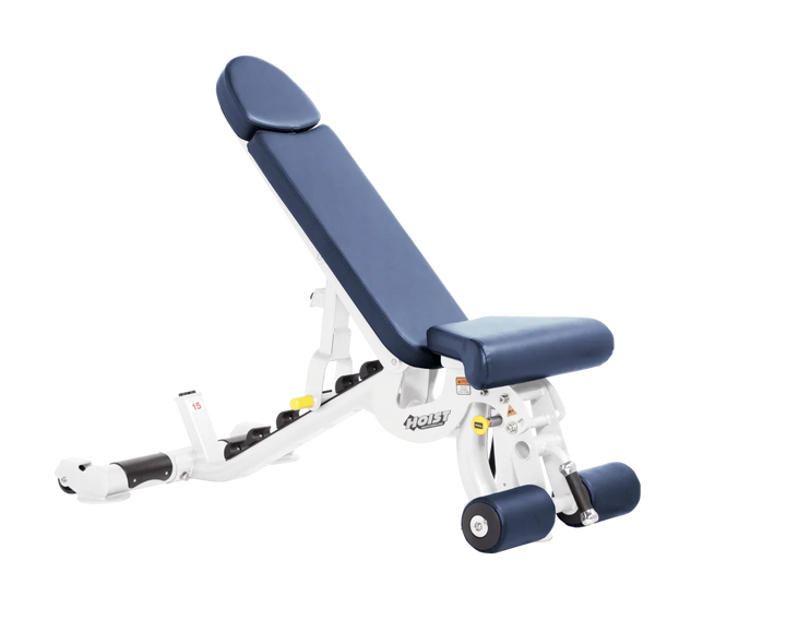 Hoist white royal blue commercial adjustable bench with flat, incline, and decline positions for versatile strength training workouts