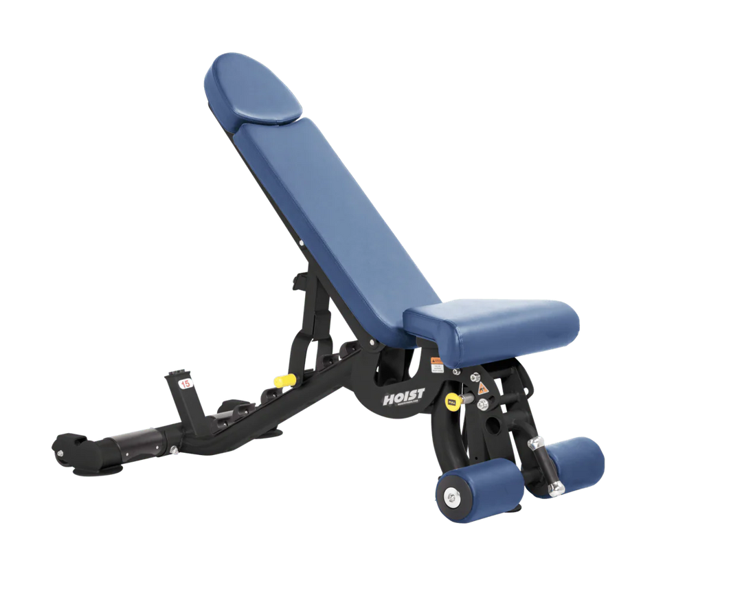 Hoist sky blue commercial adjustable bench with flat, incline, and decline positions for versatile strength training workouts