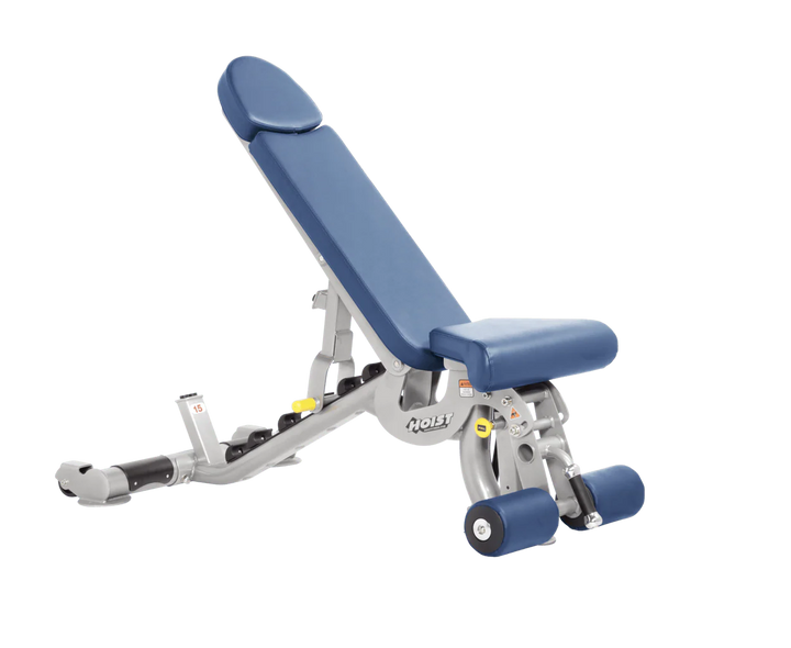 Hoist platinum sky blue commercial adjustable bench with flat, incline, and decline positions for versatile strength training workouts