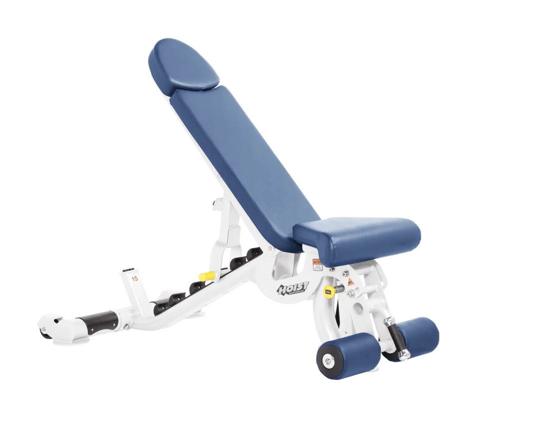 Hoist white sky blue commercial adjustable bench with flat, incline, and decline positions for versatile strength training workouts