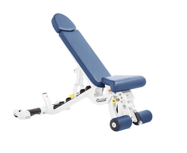 Hoist white sky blue commercial adjustable bench with flat, incline, and decline positions for versatile strength training workouts