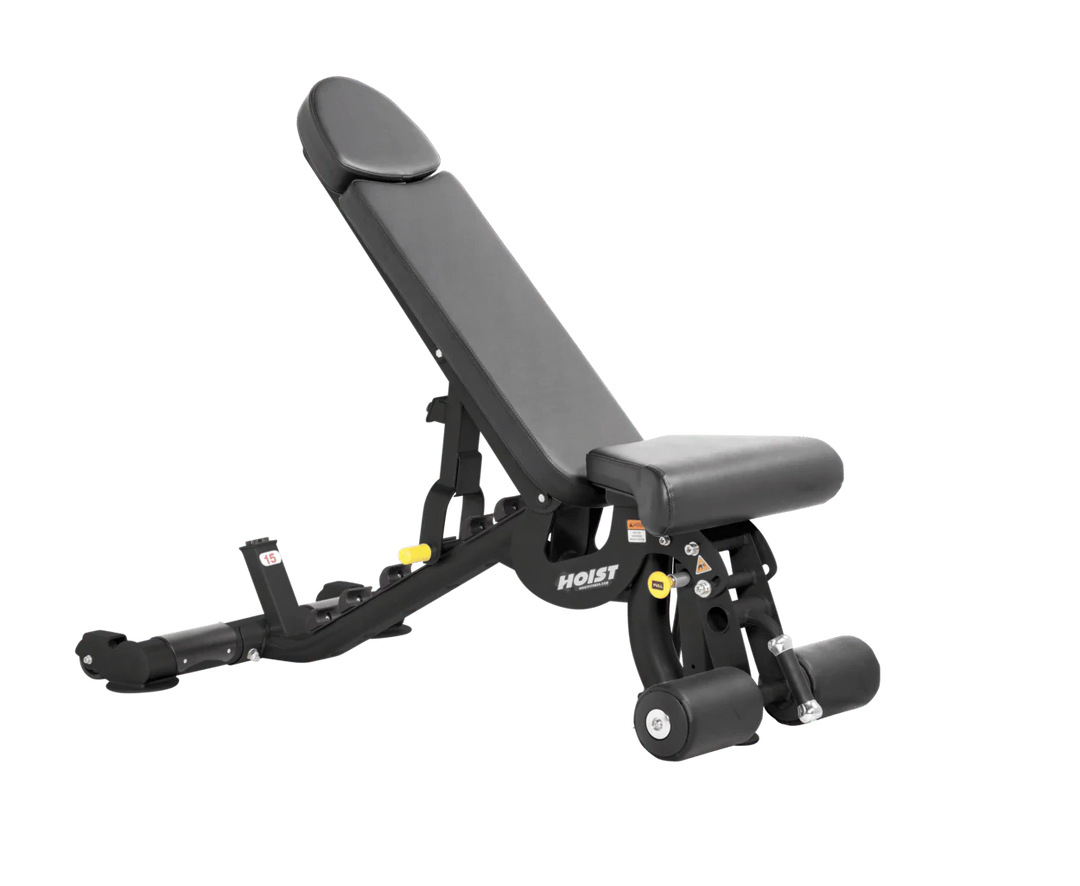 Hoist slate grey commercial adjustable bench with flat, incline, and decline positions for versatile strength training workouts