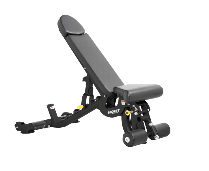 Hoist slate grey commercial adjustable bench with flat, incline, and decline positions for versatile strength training workouts