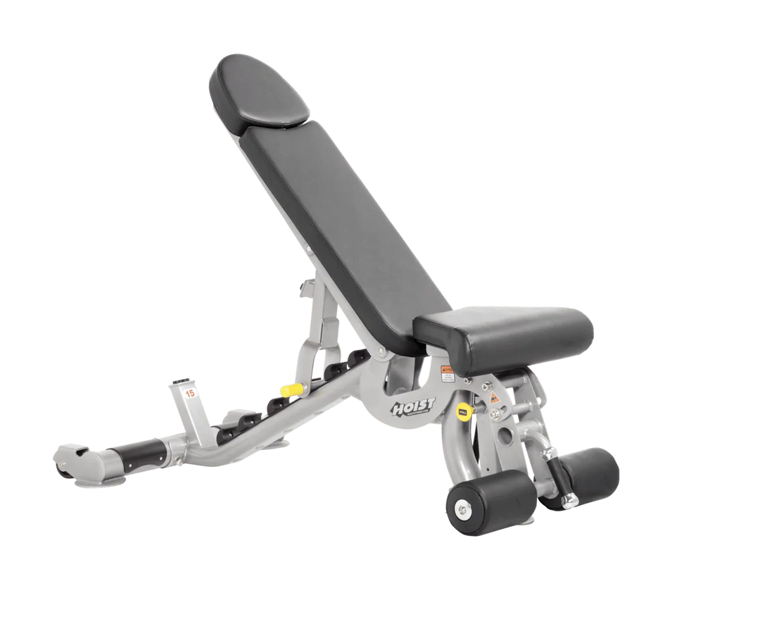 Hoist platinum slate grey commercial adjustable bench with flat, incline, and decline positions for versatile strength training workouts