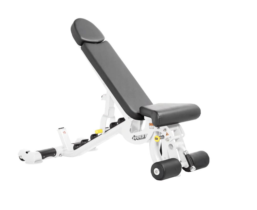 Hoist white slate grey commercial adjustable bench with flat, incline, and decline positions for versatile strength training workouts