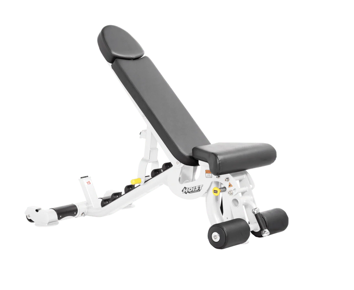 Hoist white slate grey commercial adjustable bench with flat, incline, and decline positions for versatile strength training workouts