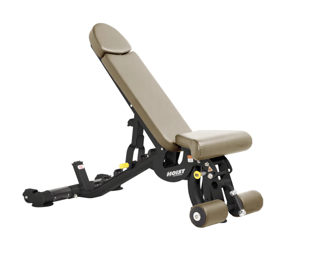 Hoist suede commercial adjustable bench with flat, incline, and decline positions for versatile strength training workouts