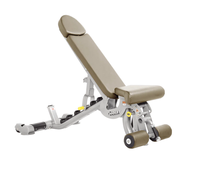 Hoist platinum suede commercial adjustable bench with flat, incline, and decline positions for versatile strength training workouts