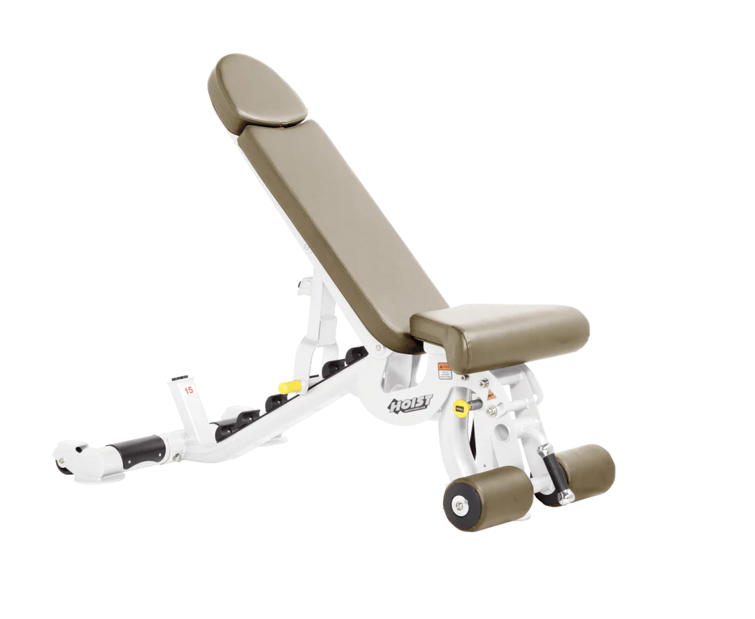 Hoist white suede commercial adjustable bench with flat, incline, and decline positions for versatile strength training workouts