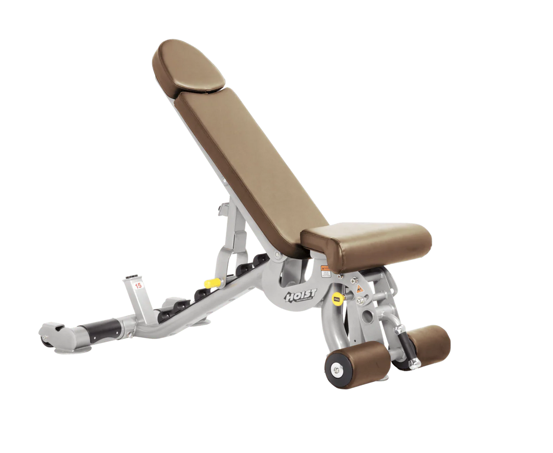 Hoist platinum wheat commercial adjustable bench with flat, incline, and decline positions for versatile strength training workouts