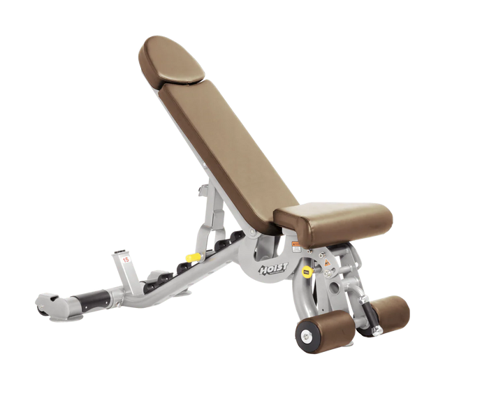 Hoist platinum wheat commercial adjustable bench with flat, incline, and decline positions for versatile strength training workouts
