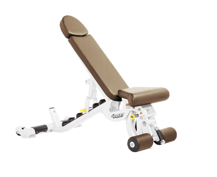 Hoist white wheat commercial adjustable bench with flat, incline, and decline positions for versatile strength training workouts
