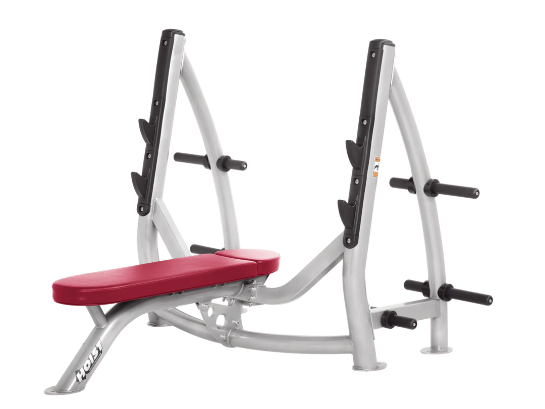 Hoist platinum american beauty suede commercial Olympic flat bench with built-in weight plate storage and barbell rack for strength training