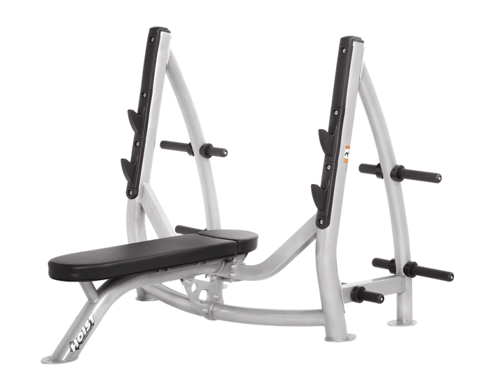 Hoist platinum black commercial Olympic flat bench with built-in weight plate storage and barbell rack for strength training