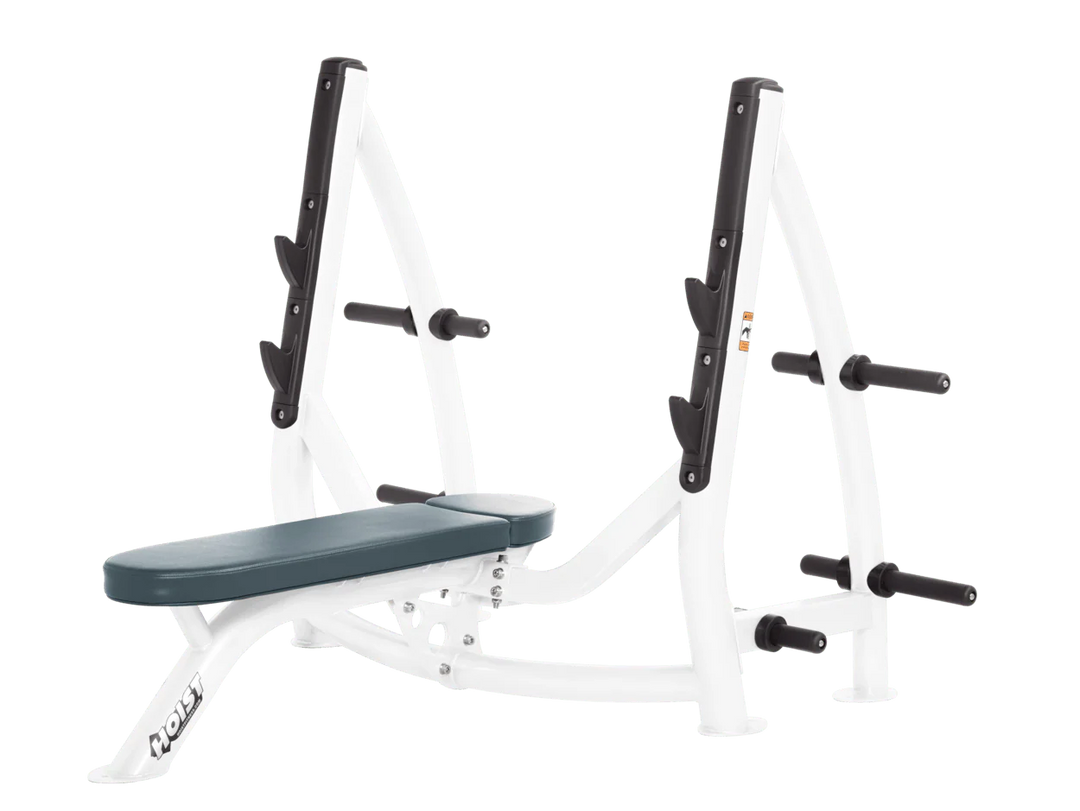 Hoist white blue ridge commercial Olympic flat bench with built-in weight plate storage and barbell rack for strength training
