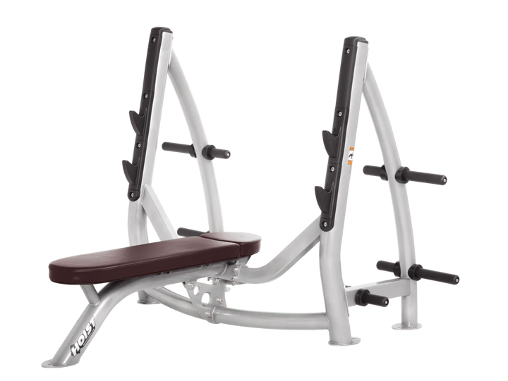 Hoist platinum burgundy commercial Olympic flat bench with built-in weight plate storage and barbell rack for strength training