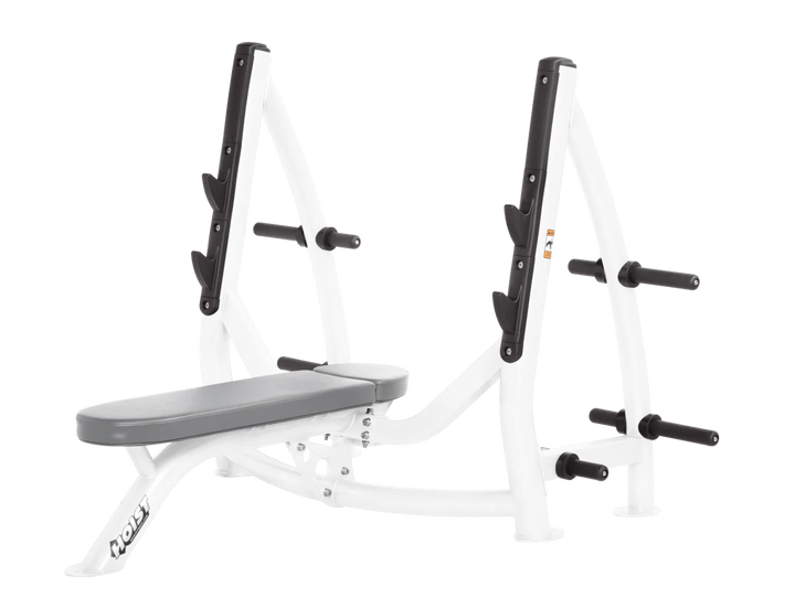 Hoist white dove grey commercial Olympic flat bench with built-in weight plate storage and barbell rack for strength training