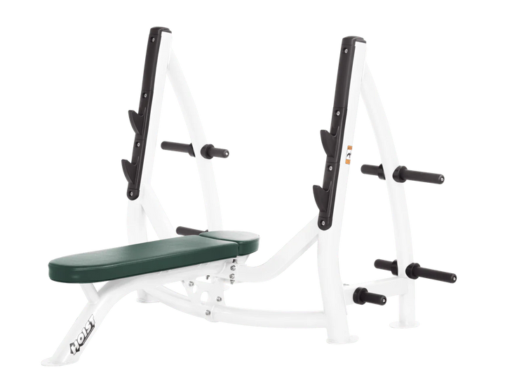 Hoist white hunter green commercial Olympic flat bench with built-in weight plate storage and barbell rack for strength training
