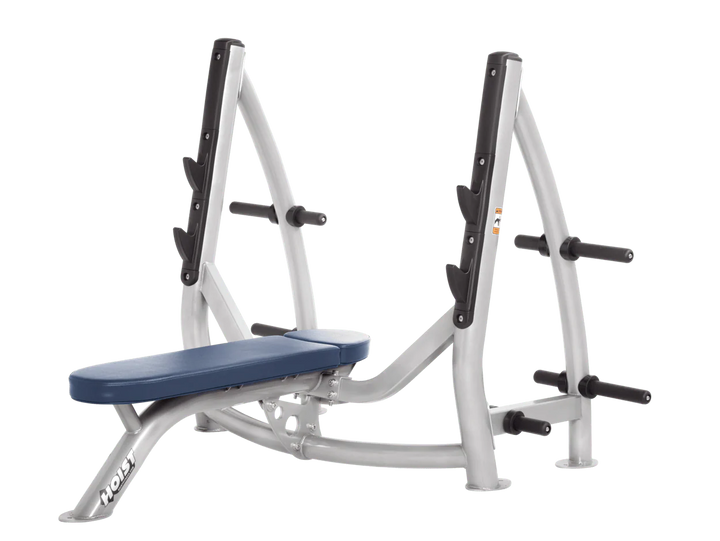 Hoist platinum royal blue commercial Olympic flat bench with built-in weight plate storage and barbell rack for strength training