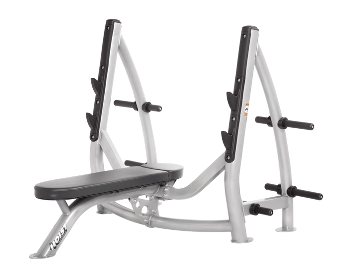 Hoist platinum slate grey commercial Olympic flat bench with built-in weight plate storage and barbell rack for strength training