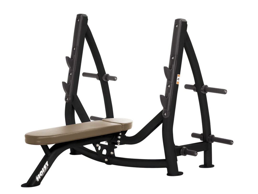 Hoist wheat commercial Olympic flat bench with built-in weight plate storage and barbell rack for strength training