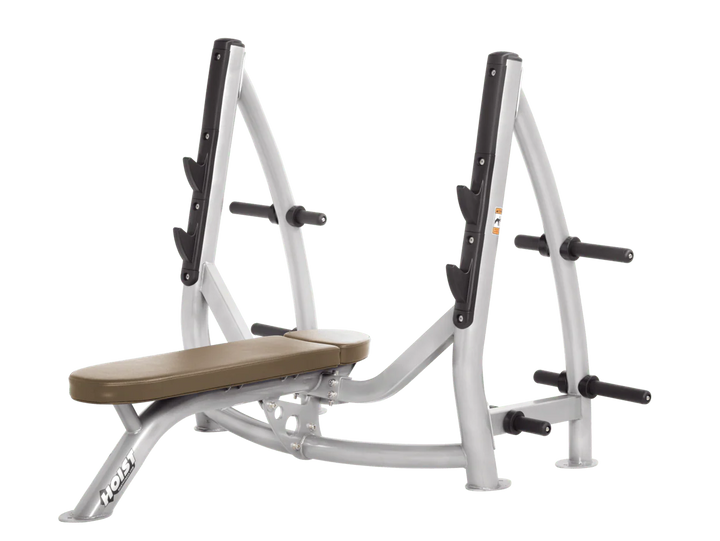 Hoist platinum wheat commercial Olympic flat bench with built-in weight plate storage and barbell rack for strength training