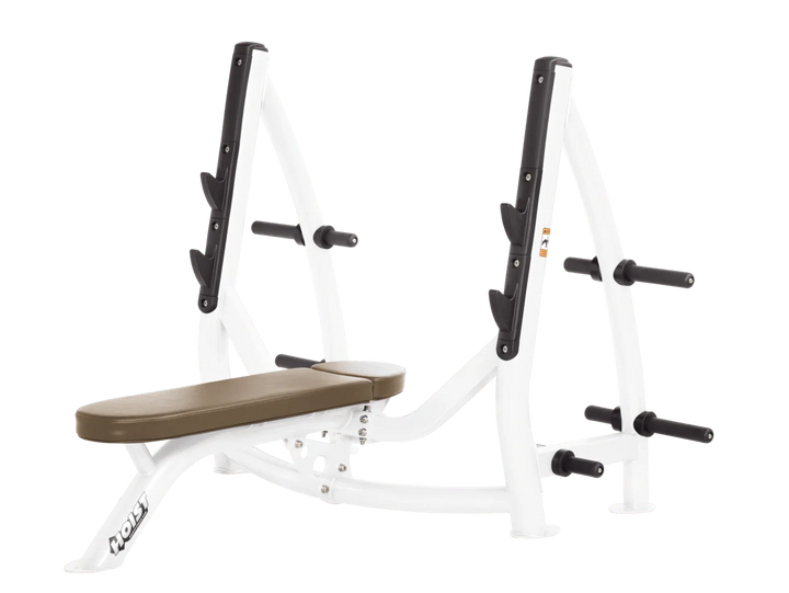 Hoist white wheat commercial Olympic flat bench with built-in weight plate storage and barbell rack for strength training