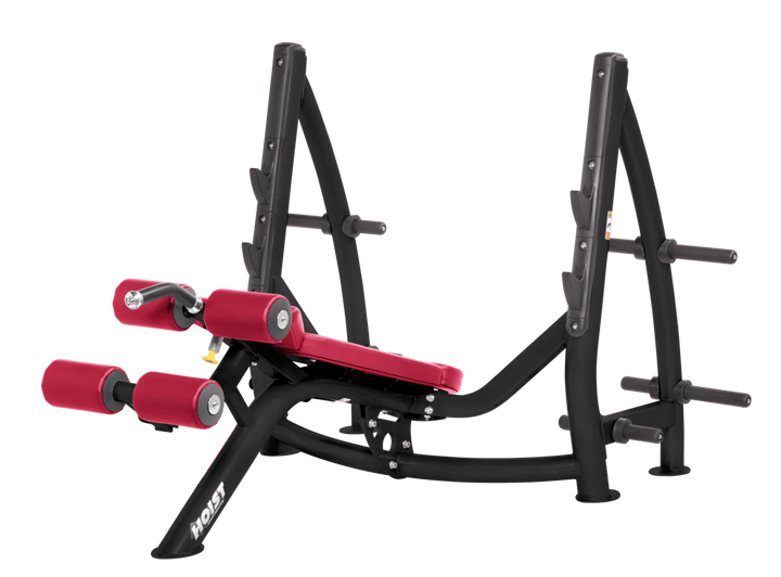 Hoist commercial Olympic decline amercian beauty bench with barbell rack and integrated weight plate storage for lower chest training