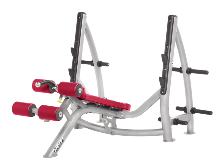 Hoist commercial Olympic decline american beauty bench with barbell rack and integrated weight plate storage for lower chest training