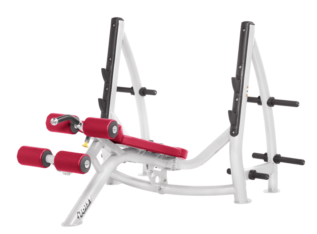 Hoist commercial Olympic decline platinum american beauty bench with barbell rack and integrated weight plate storage for lower chest training