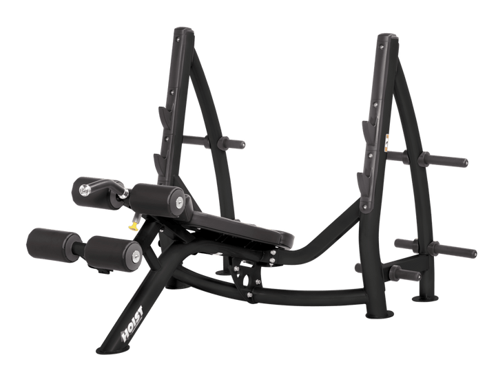 Hoist commercial Olympic decline black bench with barbell rack and integrated weight plate storage for lower chest training