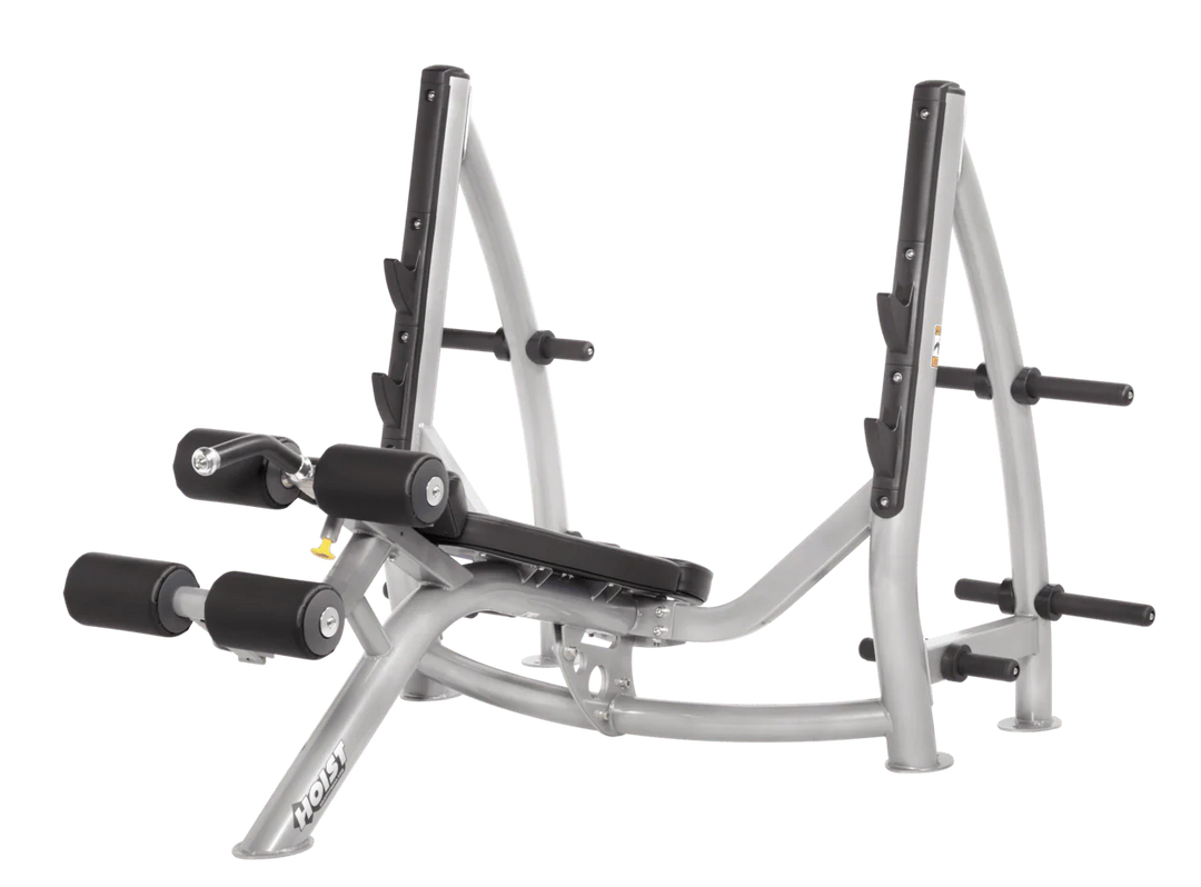 Hoist commercial Olympic decline platinum black bench with barbell rack and integrated weight plate storage for lower chest training