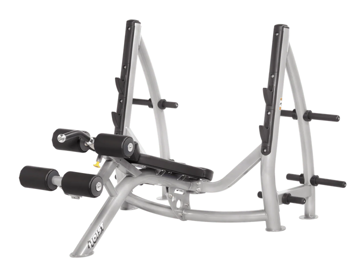 Hoist commercial Olympic decline platinum black bench with barbell rack and integrated weight plate storage for lower chest training