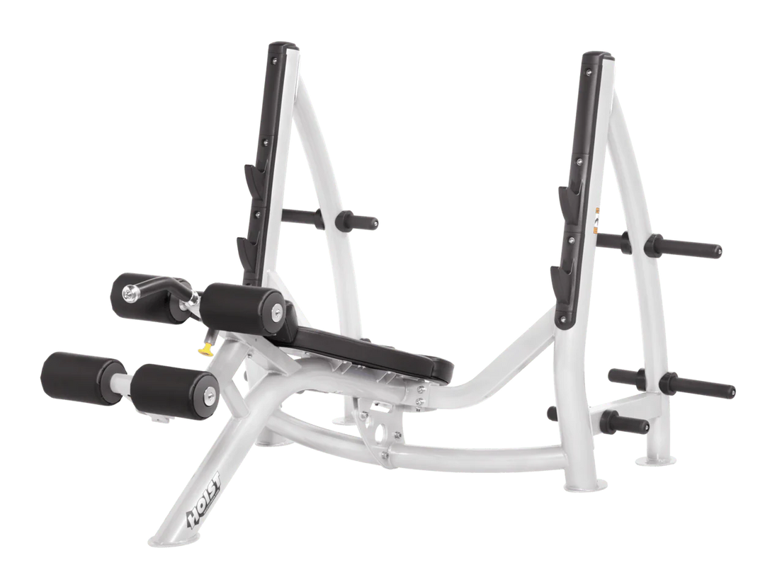 Hoist commercial Olympic decline white black bench with barbell rack and integrated weight plate storage for lower chest training