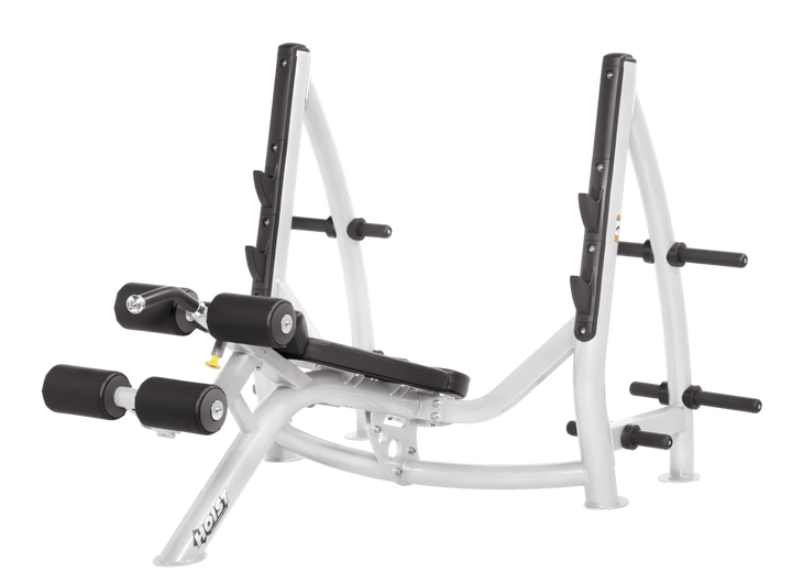 Hoist commercial Olympic decline white black bench with barbell rack and integrated weight plate storage for lower chest training