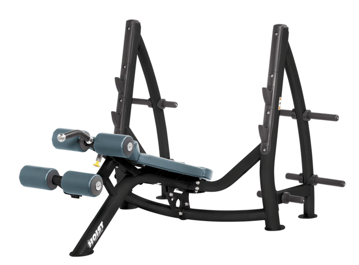 Hoist commercial Olympic decline blue ridge bench with barbell rack and integrated weight plate storage for lower chest training