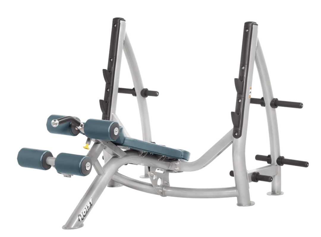 Hoist commercial Olympic decline platinum blue ridge bench with barbell rack and integrated weight plate storage for lower chest training