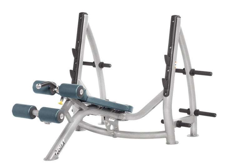 Hoist commercial Olympic decline platinum blue ridge bench with barbell rack and integrated weight plate storage for lower chest training