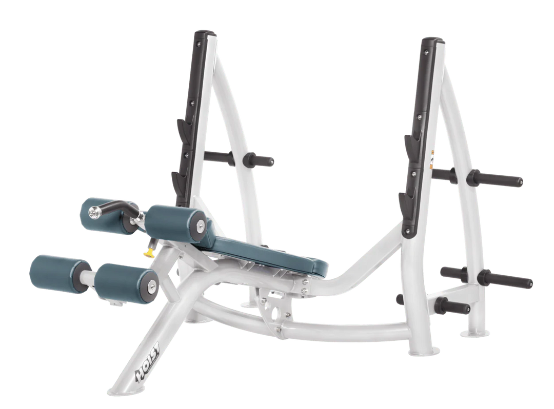 Hoist commercial Olympic decline white blue ridge bench with barbell rack and integrated weight plate storage for lower chest training