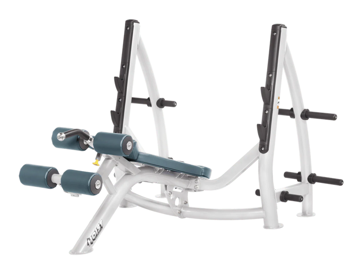 Hoist commercial Olympic decline white blue ridge bench with barbell rack and integrated weight plate storage for lower chest training