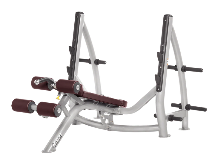 Hoist commercial Olympic decline platinum burgundy bench with barbell rack and integrated weight plate storage for lower chest training