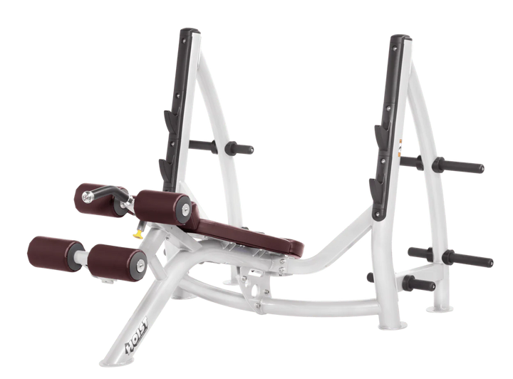 Hoist commercial Olympic decline white burgundy bench with barbell rack and integrated weight plate storage for lower chest training