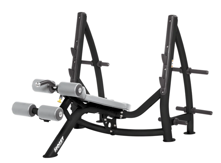 Hoist commercial Olympic decline dove grey bench with barbell rack and integrated weight plate storage for lower chest training