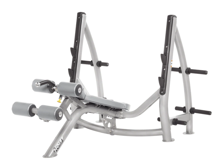 Hoist commercial Olympic decline platinum dove grey bench with barbell rack and integrated weight plate storage for lower chest training