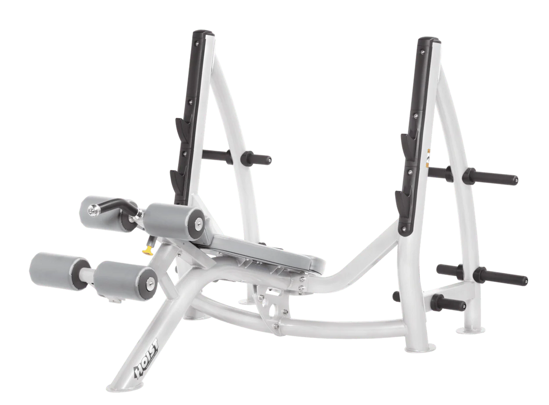 Hoist commercial Olympic decline white dove grey bench with barbell rack and integrated weight plate storage for lower chest training