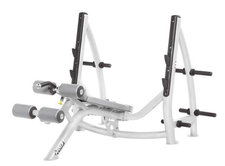 Hoist commercial Olympic decline white dove grey bench with barbell rack and integrated weight plate storage for lower chest training