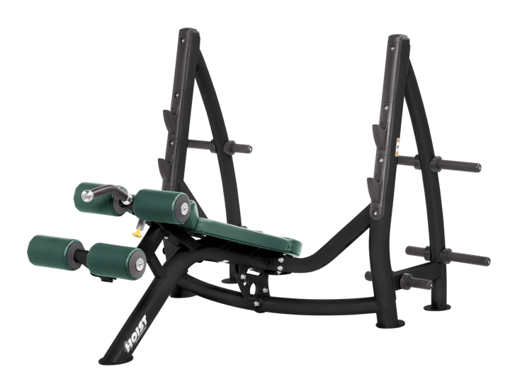 Hoist commercial Olympic decline hunter green bench with barbell rack and integrated weight plate storage for lower chest training