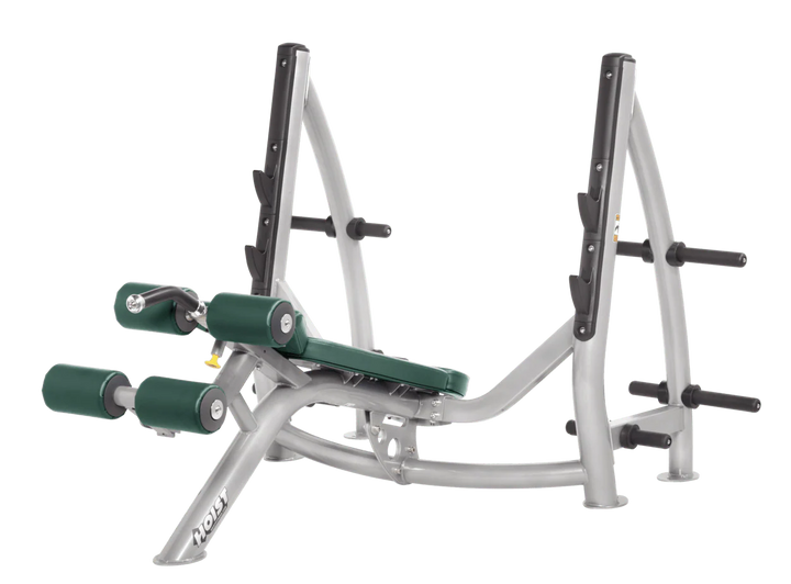 Hoist commercial Olympic decline platinum hunter green bench with barbell rack and integrated weight plate storage for lower chest training
