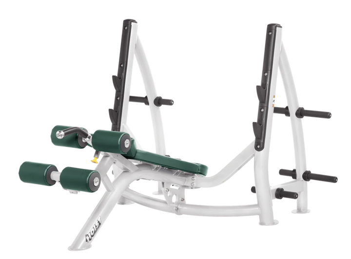 Hoist commercial Olympic decline white hunter green bench with barbell rack and integrated weight plate storage for lower chest training